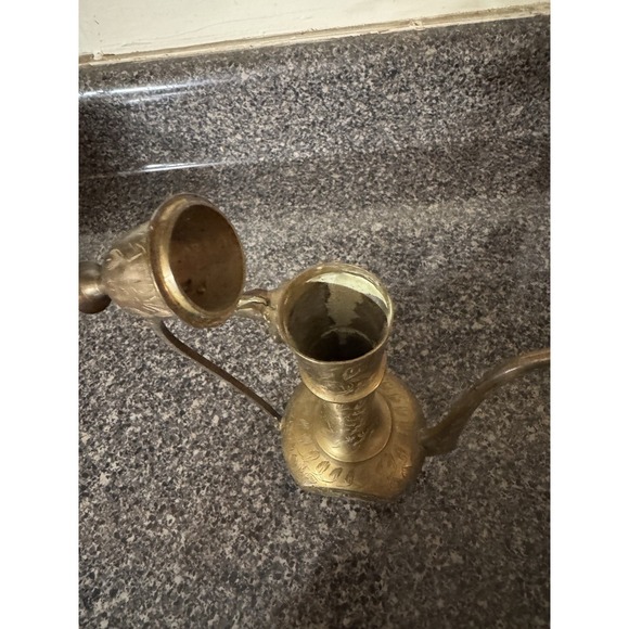 Vintage Etched Brass Pitcher Tea Pot Oil Coffee Water Genie Made In INDIA